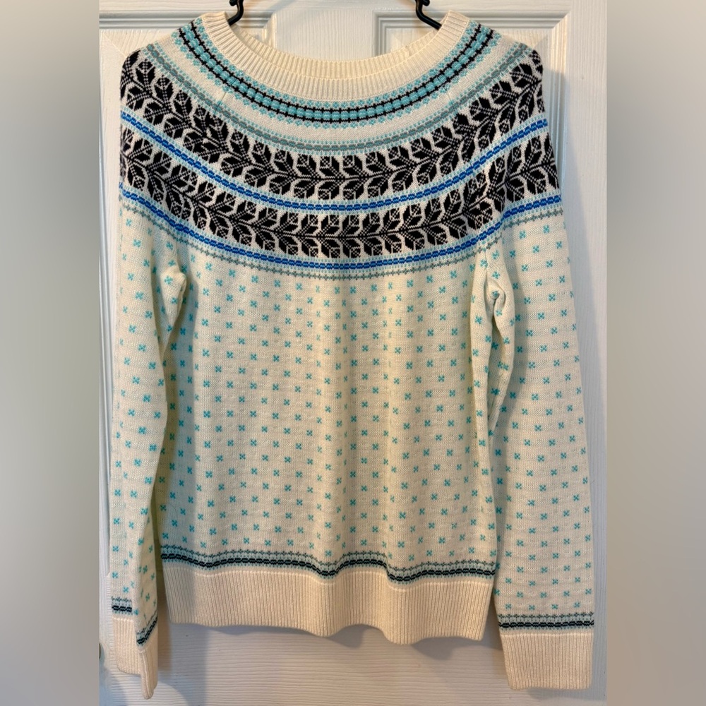 Talbots Cream Sweater with Aqua and Black Fair Isle Yoke